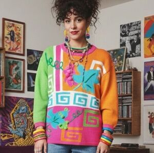 Santoria S Vintage 90s Dopamine Artsy Eclectic Embroidered 3D Knit Sweater
